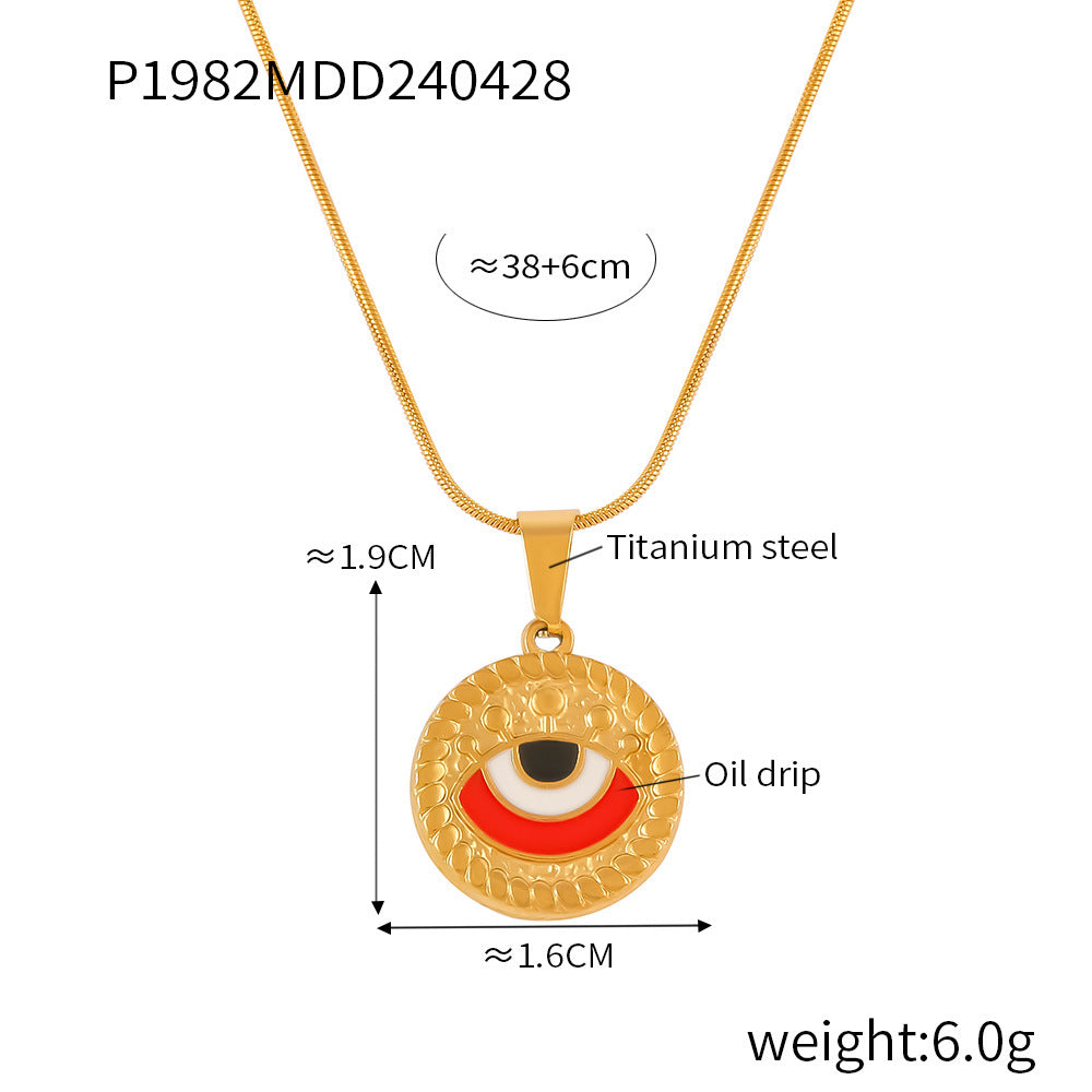 B廠-歐美時尚個性復古滴油眼睛鈦鋼項鍊女圓形設計惡魔之眼吊墜鎖骨鏈「P1982」24.05-1