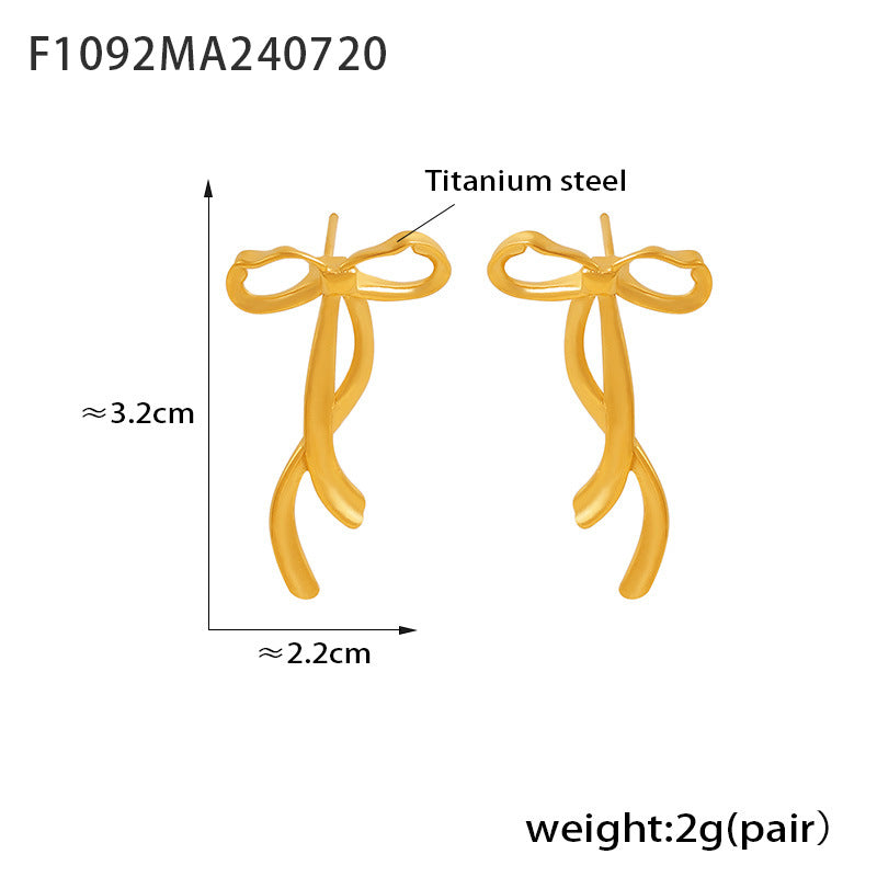 B廠-歐美chic風絲帶蝴蝶結耳釘小眾甜美設計鈦鋼鍍18k金百搭耳飾「F1092」24.07-4