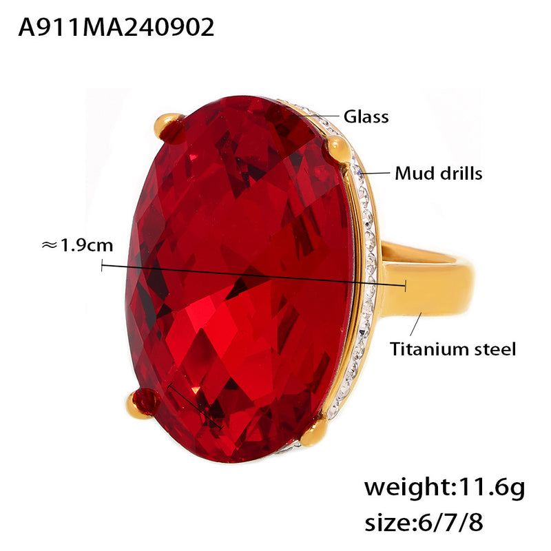 B廠-跨境歐美橢圓粘鑽大玻璃戒指鈦鋼鍍18K真金指環復古輕奢感手飾品「A911」24.09-1