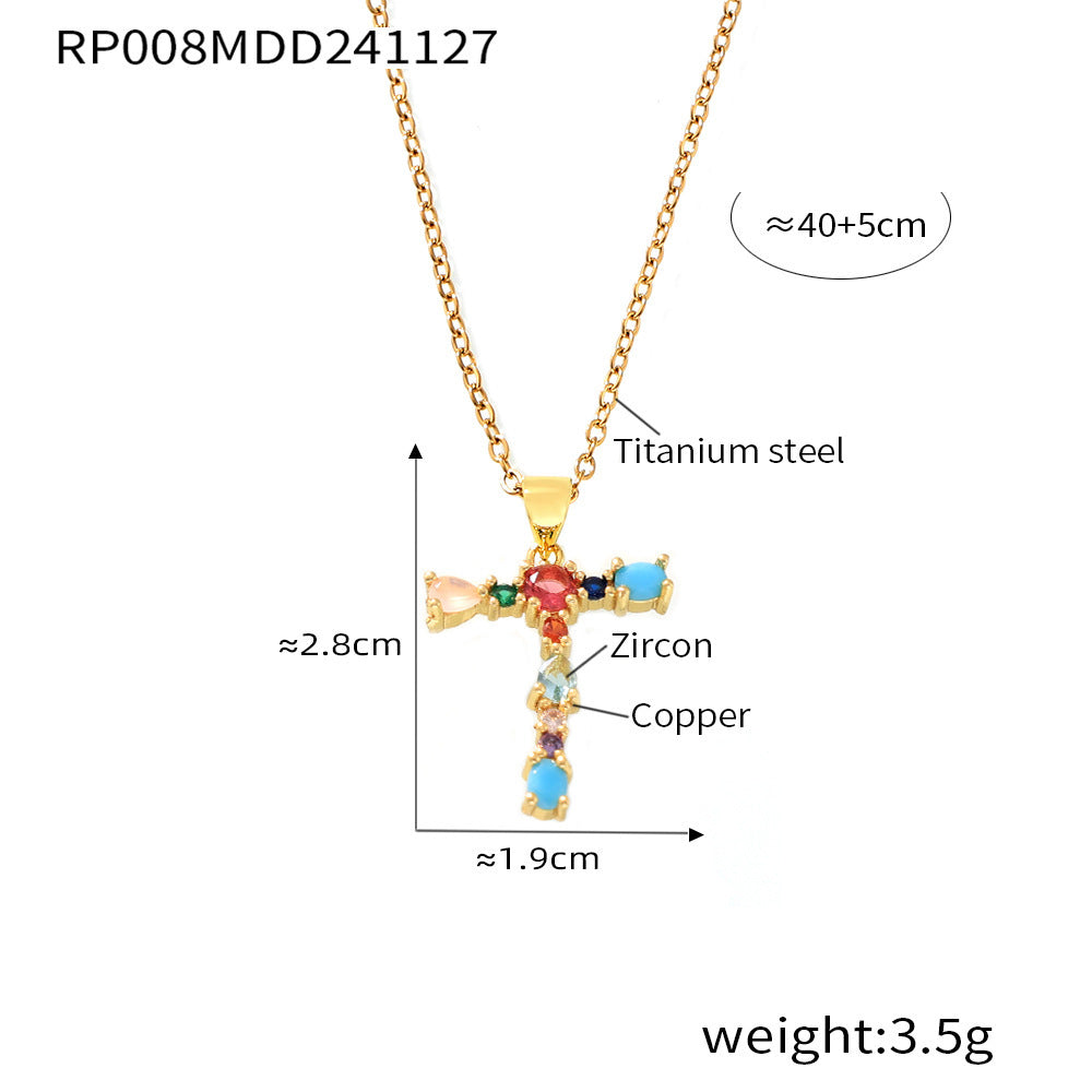 B廠-歐美跨境銅微鑲彩色鋯石26個英文字母個性吊墜小眾嘻哈鎖骨鏈現貨「RP008」24.12-2