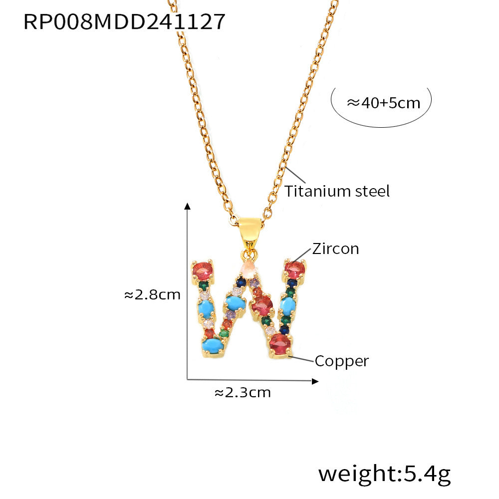 B廠-歐美跨境銅微鑲彩色鋯石26個英文字母個性吊墜小眾嘻哈鎖骨鏈現貨「RP008」24.12-2