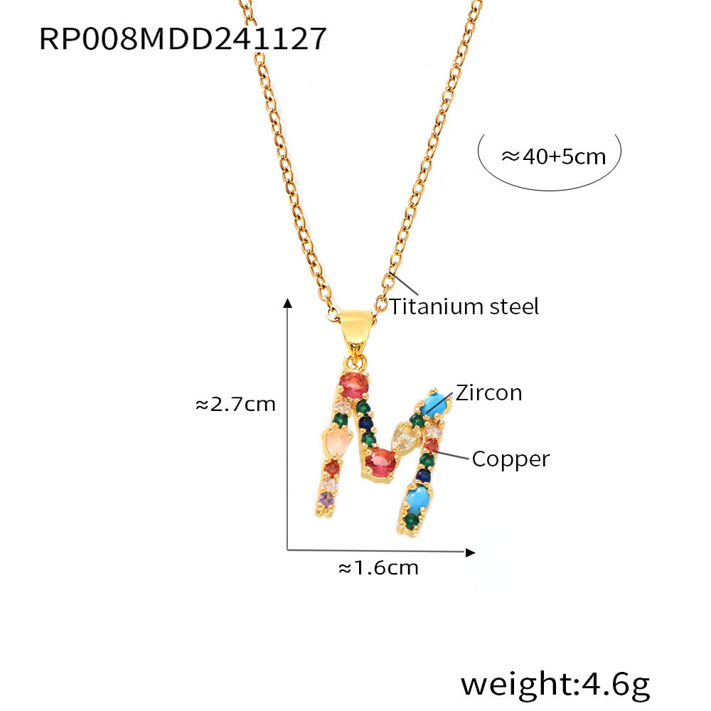 B廠-歐美跨境銅微鑲彩色鋯石26個英文字母個性吊墜小眾嘻哈鎖骨鏈現貨「RP008」24.12-2