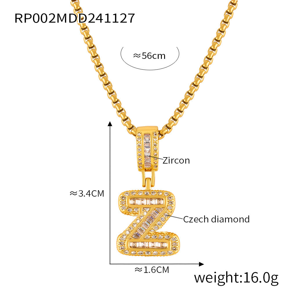 B廠-INS簡約字母鑲鑽鋯石吊墜歐美長款盒子鏈鈦鋼鍍金項鍊飾品批發潮「RP002」24.12-2