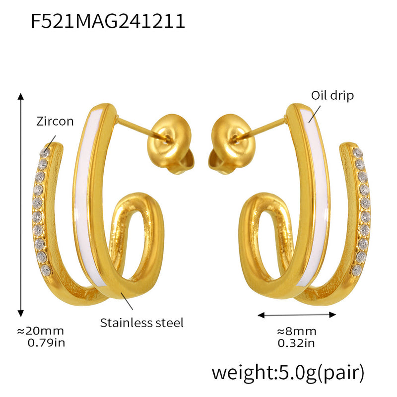 B廠-不鏽鋼微鑲鋯石琺瑯彩釉耳釘輕奢氣質耳環個性百搭小眾耳飾「F521」24.12-3