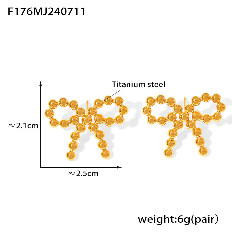 B廠-赫本風小眾設計圓球拼接蝴蝶結造型耳釘簡約輕奢鈦鋼耳飾鍍18k金「F176」24.07-3