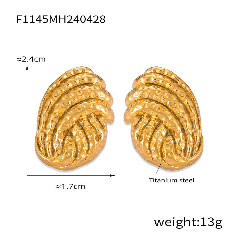 B廠-歐美時尚小眾設計個性爆款耳飾鈦鋼鍍18K金捶紋海螺幾何方形耳釘「F1145-6」24.05-1
