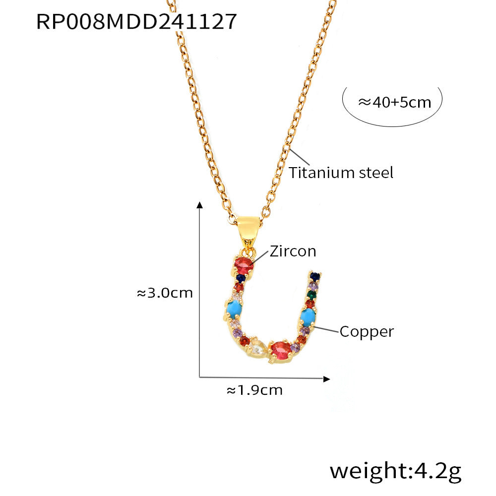 B廠-歐美跨境銅微鑲彩色鋯石26個英文字母個性吊墜小眾嘻哈鎖骨鏈現貨「RP008」24.12-2