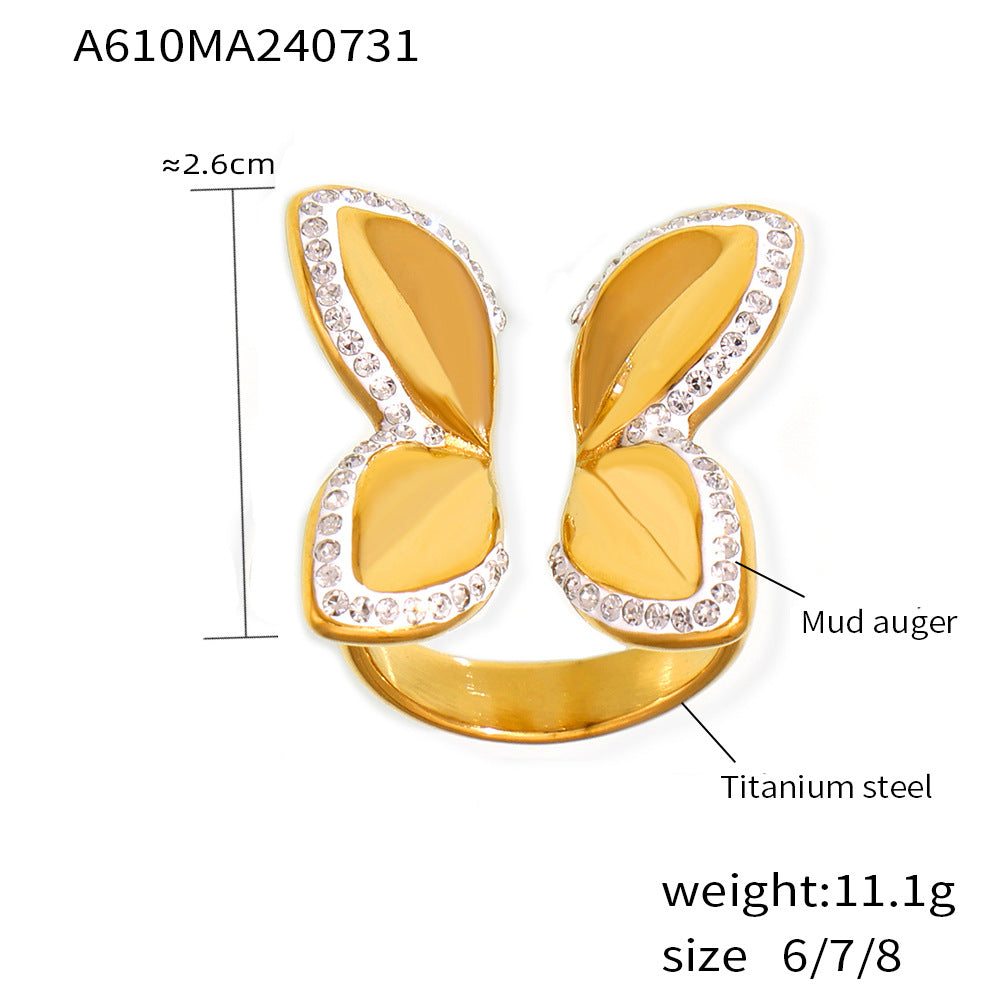 B廠-歐美ins風蝴蝶花朵鑲鑽戒指小眾氣質昆蟲手飾開口設計鈦鋼鍍18k金「A610」24.08-2