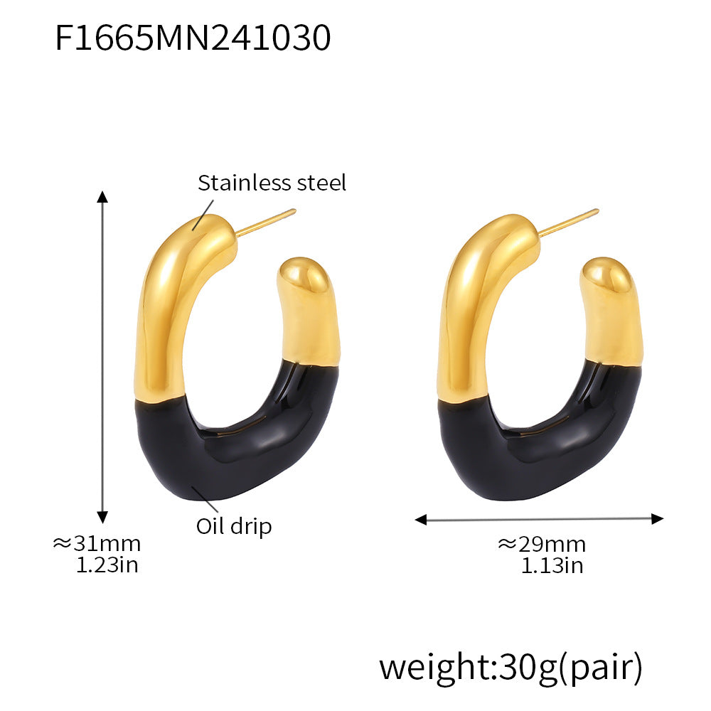 B廠-歐美跨境幾何C形半滴油耳釘耳環小眾百搭不鏽鋼鍍18k金耳飾「F1665」24.11-3