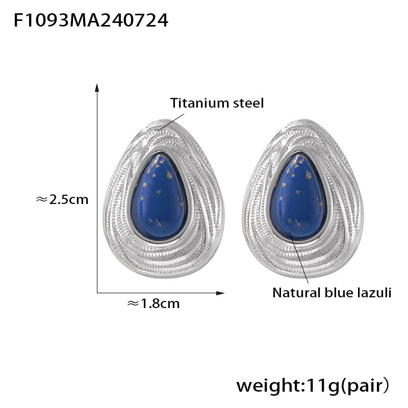 B廠-歐美風復古藍金石耳釘鈦鋼鍍18k金小眾氣質設計水滴狀簡約耳飾女「F1093」24.08-1