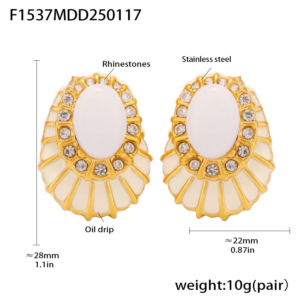 B廠-不鏽鋼首飾鑲鑽彩釉耳釘精緻氣質鍍18K金耳飾批發「F1537」25.02-1