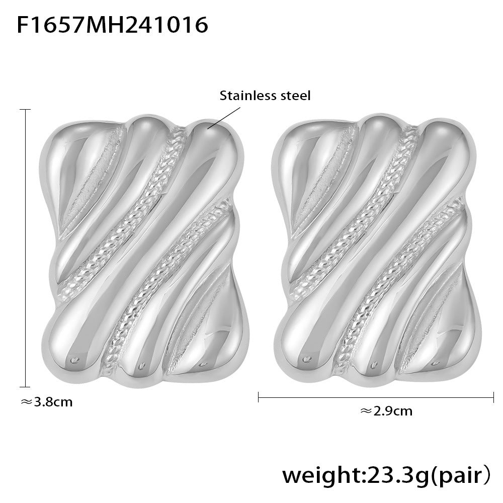 B廠-歐美風跨境誇張方塊螺紋耳環不鏽鋼鍍金保色時髦耳飾不過敏「F1657」24.10-4