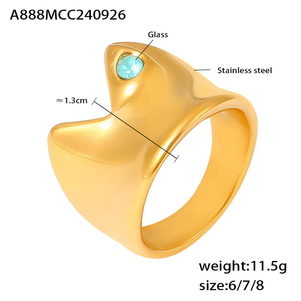 B廠-創意冷淡風湖藍玻璃石圓弧凹面戒指不鏽鋼不掉色小眾時尚指環批發「A888」24.10-1