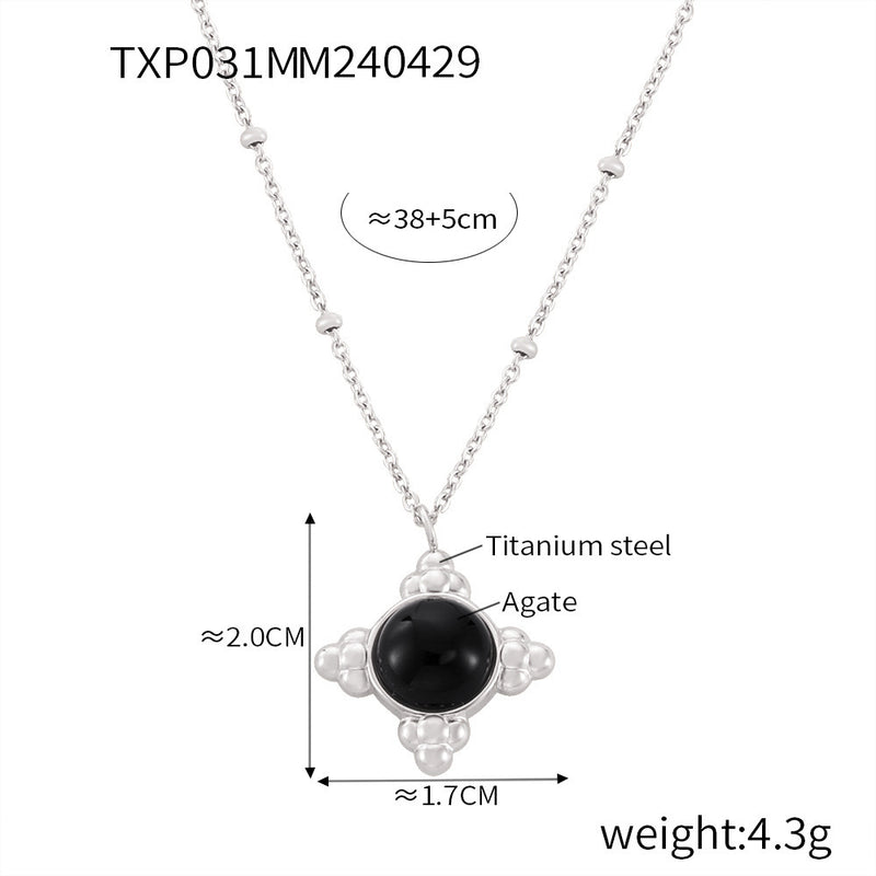 B廠-法式簡約日常黑瑪瑙吊墜女古風新品鈦鋼鍍金項鍊小眾設計飾品套裝「P031-F031」24.05-1