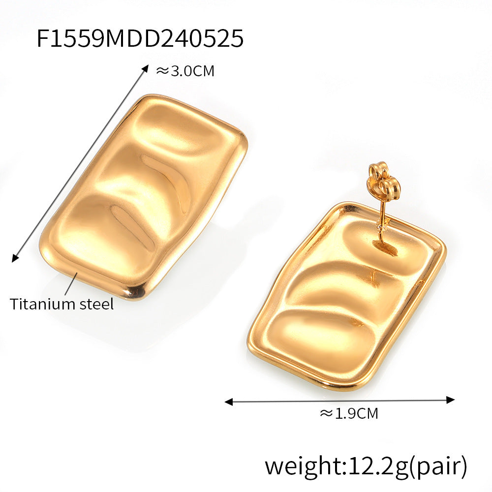 B廠-夏季潮流誇張個性幾何方形褶皺紋理耳環小眾設計鈦鋼鍍18k金耳飾「F1559」24.05-5