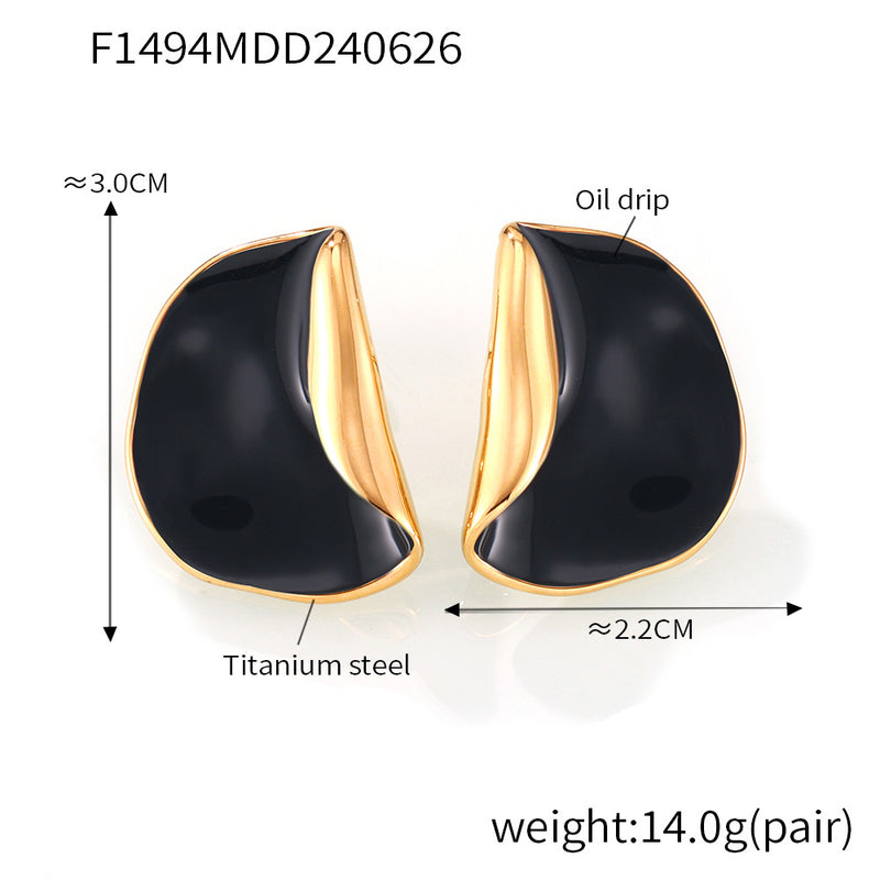 B廠-歐美時尚OL不規則月牙耳環彩色滴油個性誇張設計耳釘鈦鋼鍍18K金「F1494」24.07-1