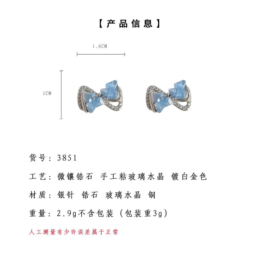 A廠-手工藍玻璃水晶蝴蝶結通勤耳環清新微鑲鋯石設計感繩結甜美耳飾「3851」24.09-3