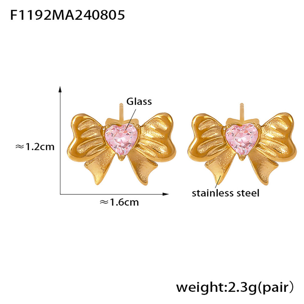 B廠-甜美小眾褶皺鋯石蝴蝶結耳環不鏽鋼PVD電鍍18K真金耳飾組合「F1192」25.01-1