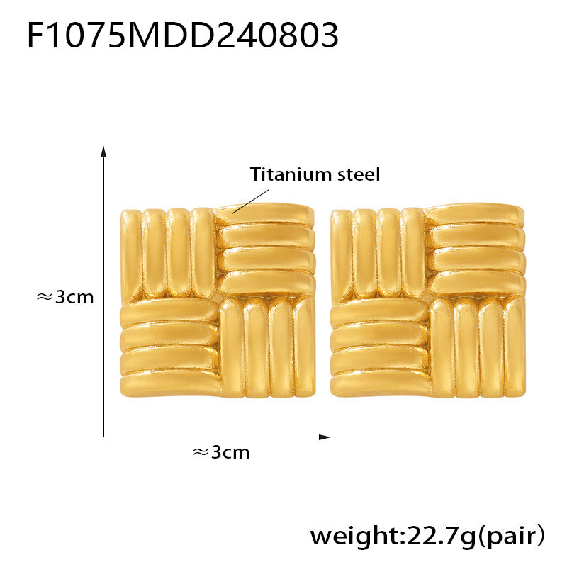 B廠-跨境歐美時尚個性方形斜條紋理不鏽鋼鍍金耳釘耳飾組合批發「F1274」24.11-3
