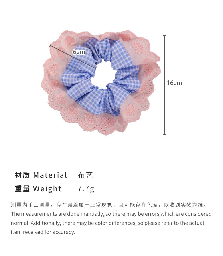 E廠-薄荷甜桃~愛心蕾絲花邊格子大腸髮圈甜美頭飾髮繩腸圈髮飾2024新「25446」24.05-3