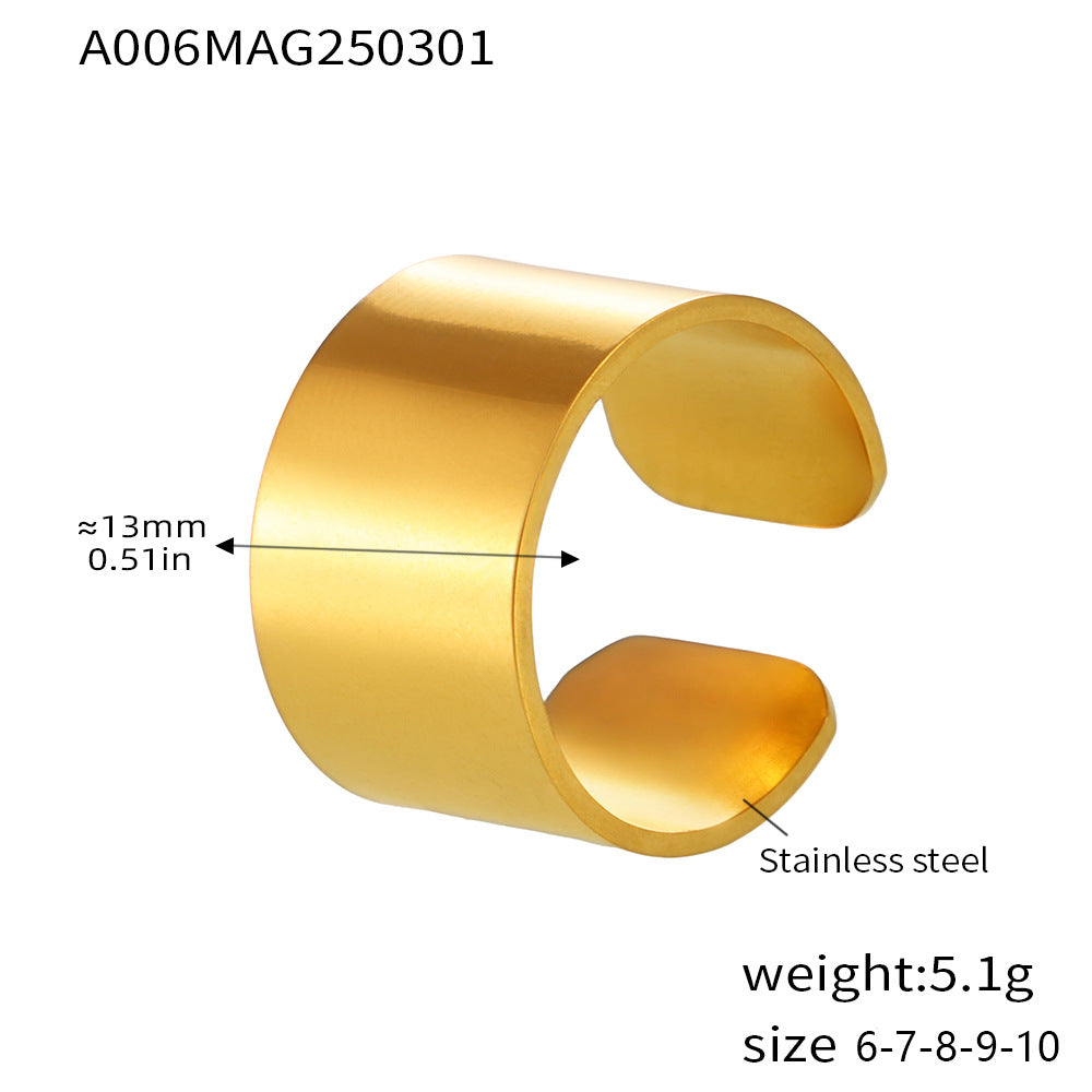 B廠-寬版光面戒指冷淡風簡約開口指環不鏽鋼PVD鍍18K真金食指戒「A006」25.03-1