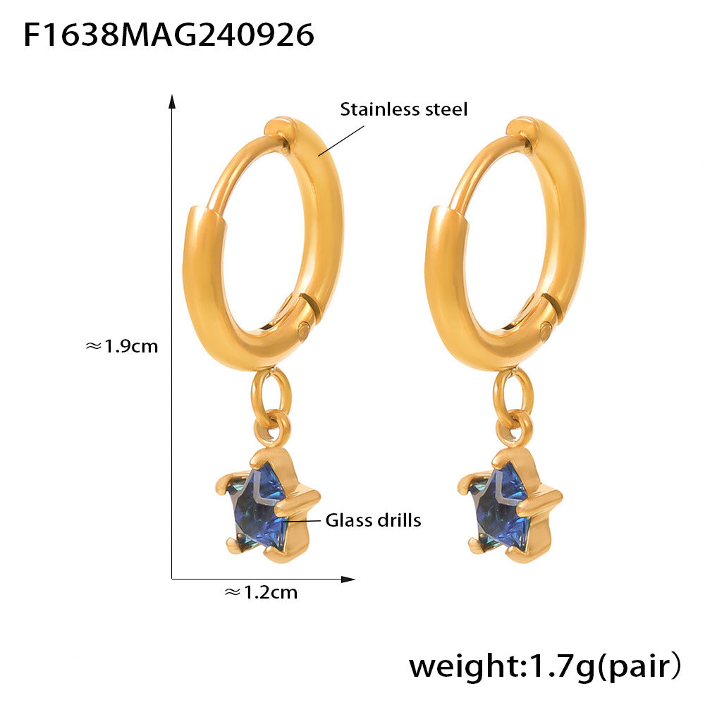 B廠-跨境熱銷多彩玻璃鑽五角星耳墜 鍍18K真金歐美小眾不鏽鋼穿孔耳環「F1638」24.10-1