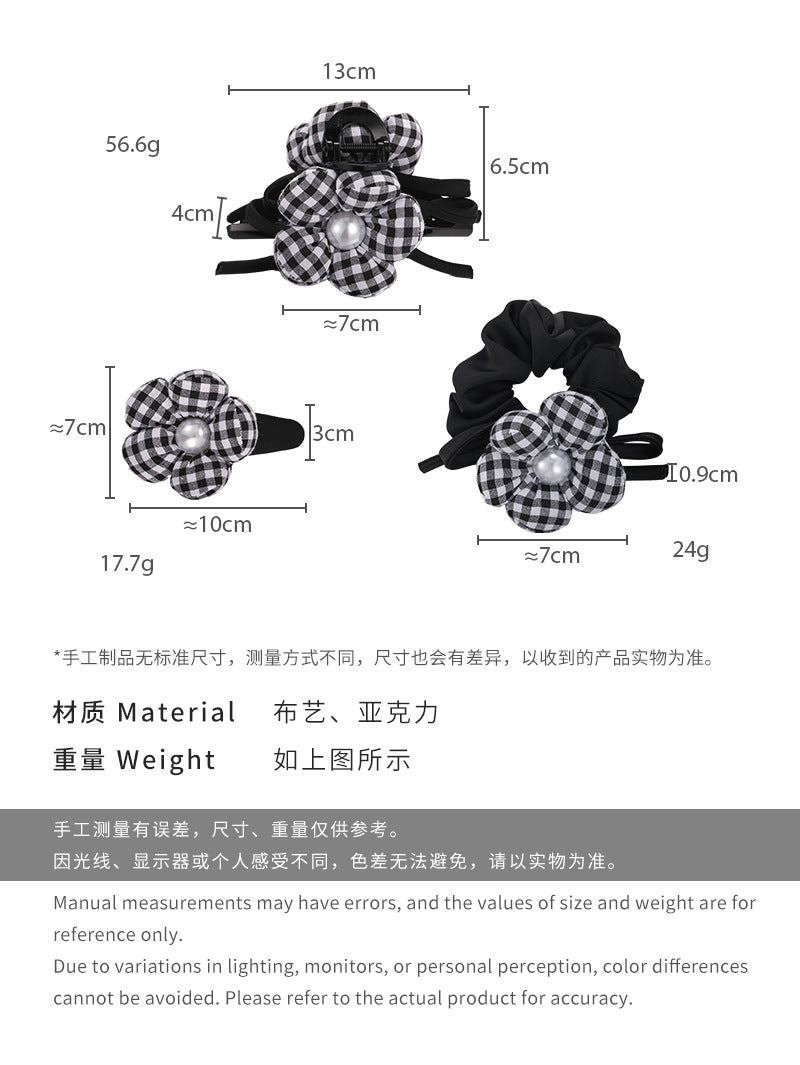 E廠-韓版新款黑白格子花朵珍珠抓夾後腦勺鯊魚夾大腸髮圈網紅頭繩髮飾「26182 26152」24.10-4