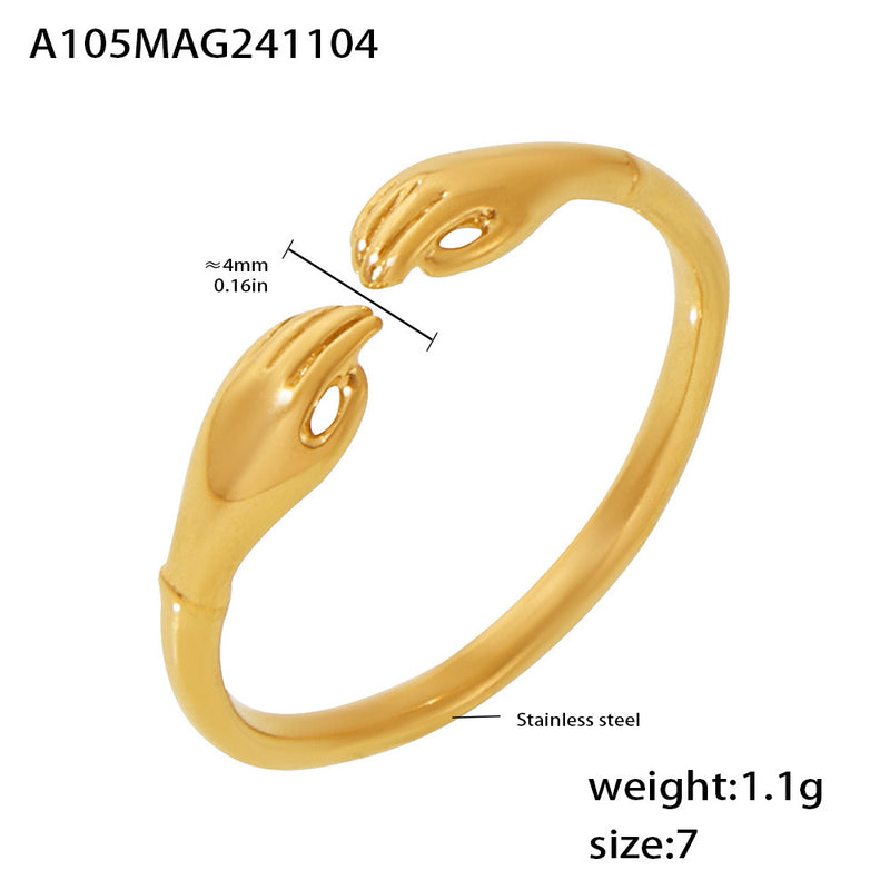 B廠-歐美ins雙手溫暖擁抱不鏽鋼開口可調節戒指PVD鍍真金食指戒「A105」24.11-2