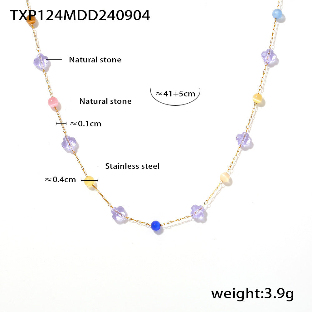 B廠-歐美ins風多彩天然石鎖骨項鍊手鍊 不鏽鋼小眾多巴胺手工鏈套裝女「TXP124-TXE124」24.09-2