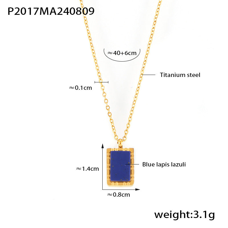 B廠-法式復古天然藍色青金石幾何方牌鎖骨鏈 鈦鋼鍍18K金不掉色疊戴風「P2017-P1694」24.08-3