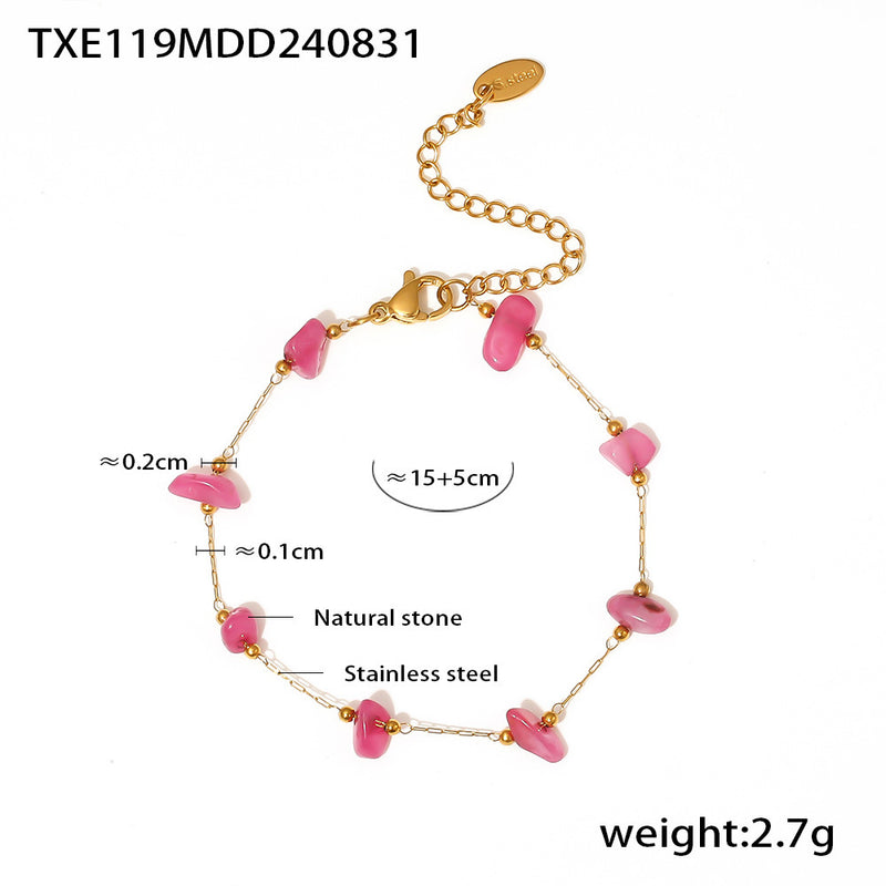 B廠-波西米亞風粉色天然石輕奢感手工鎖骨項鍊手鍊不鏽鋼女式精緻套裝「TXP119-TXE119」24.09-1