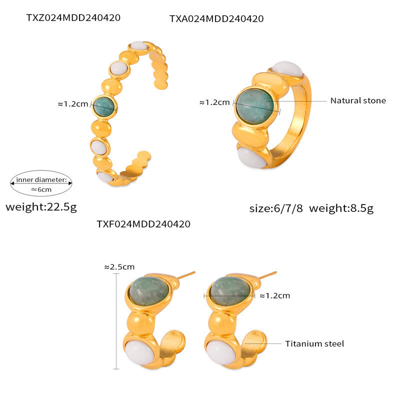 B廠-歐美跨境熱賣橢圓天然石開口手鐲女鈦鋼鍍金復古簡約耳飾戒指套裝「A024-F024-Z024」24.04-4