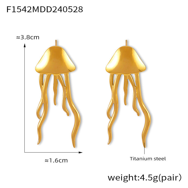 B廠-跨境歐美ins風簡約氣質潮流鈦鋼鍍18K真金水母流蘇耳環女氣質耳飾「F1542」24.06-1