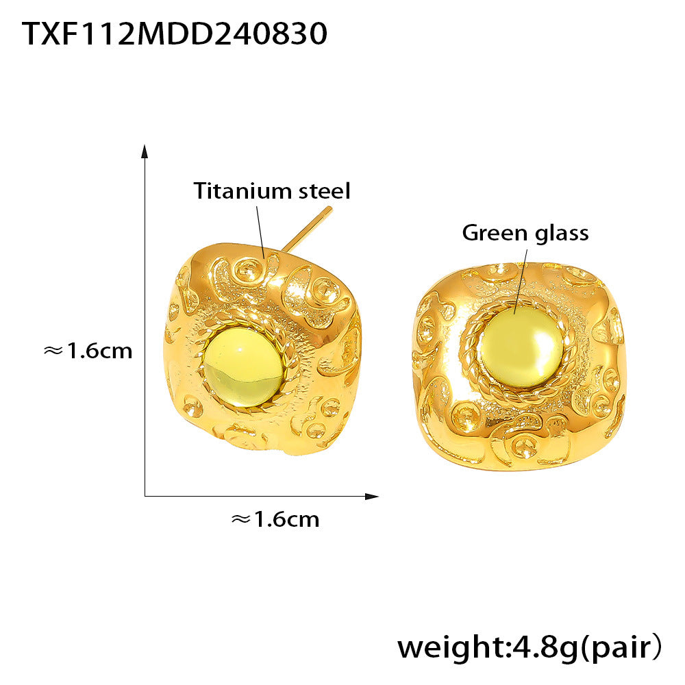 B廠-法式復古方形螺紋綠玻璃耳環宮廷風開口戒指套裝鈦鋼PVD鍍18K真金「TXA112-TXF112」24.09-1