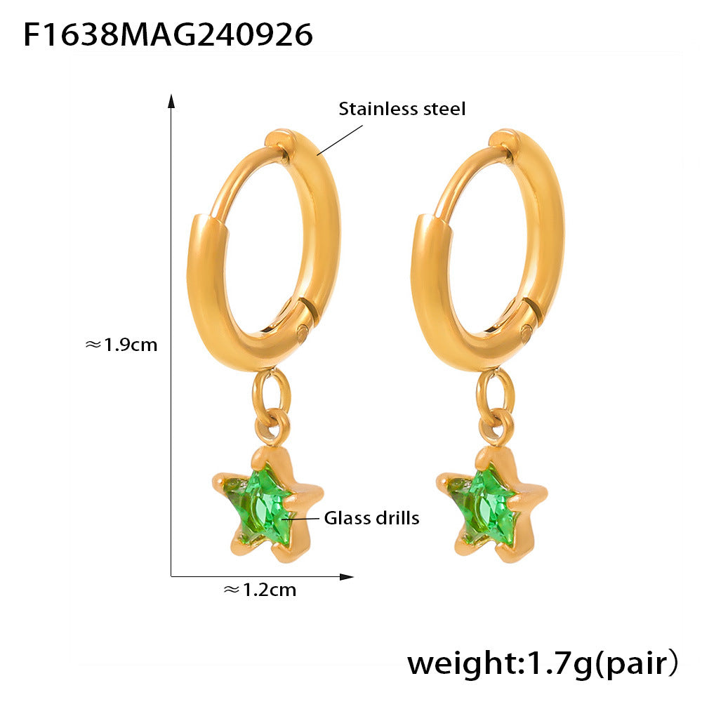 B廠-跨境熱銷多彩玻璃鑽五角星耳墜 鍍18K真金歐美小眾不鏽鋼穿孔耳環「F1638」24.10-1