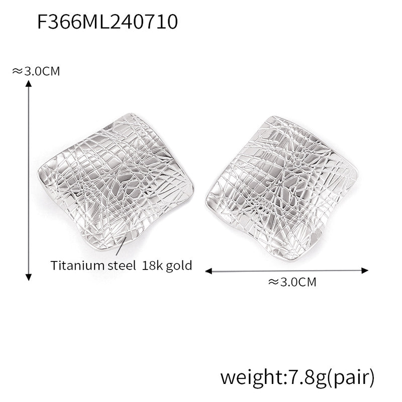 B廠-歐美ins風不規則折痕方形耳環復古異形設計鈦鋼鍍18K真金幾何耳飾「F366」24.07-3