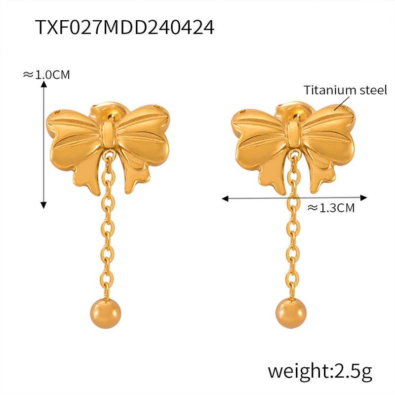 B廠-歐美跨境蝴蝶結簡約個性項鍊女愛心長款流蘇吊墜鈦鋼耳環套裝批發「P027-F027」24.05-1