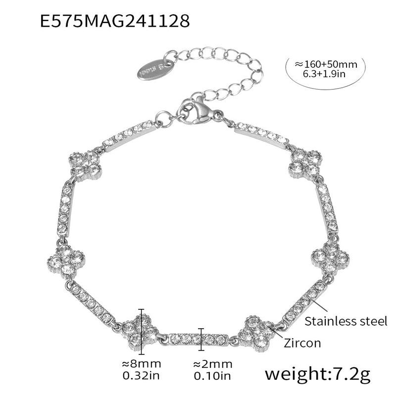 B廠-鈦鋼滿天星超閃四葉花手工鑲鋯石手鍊PVD鍍真金不掉色首飾「E575」24.12-1