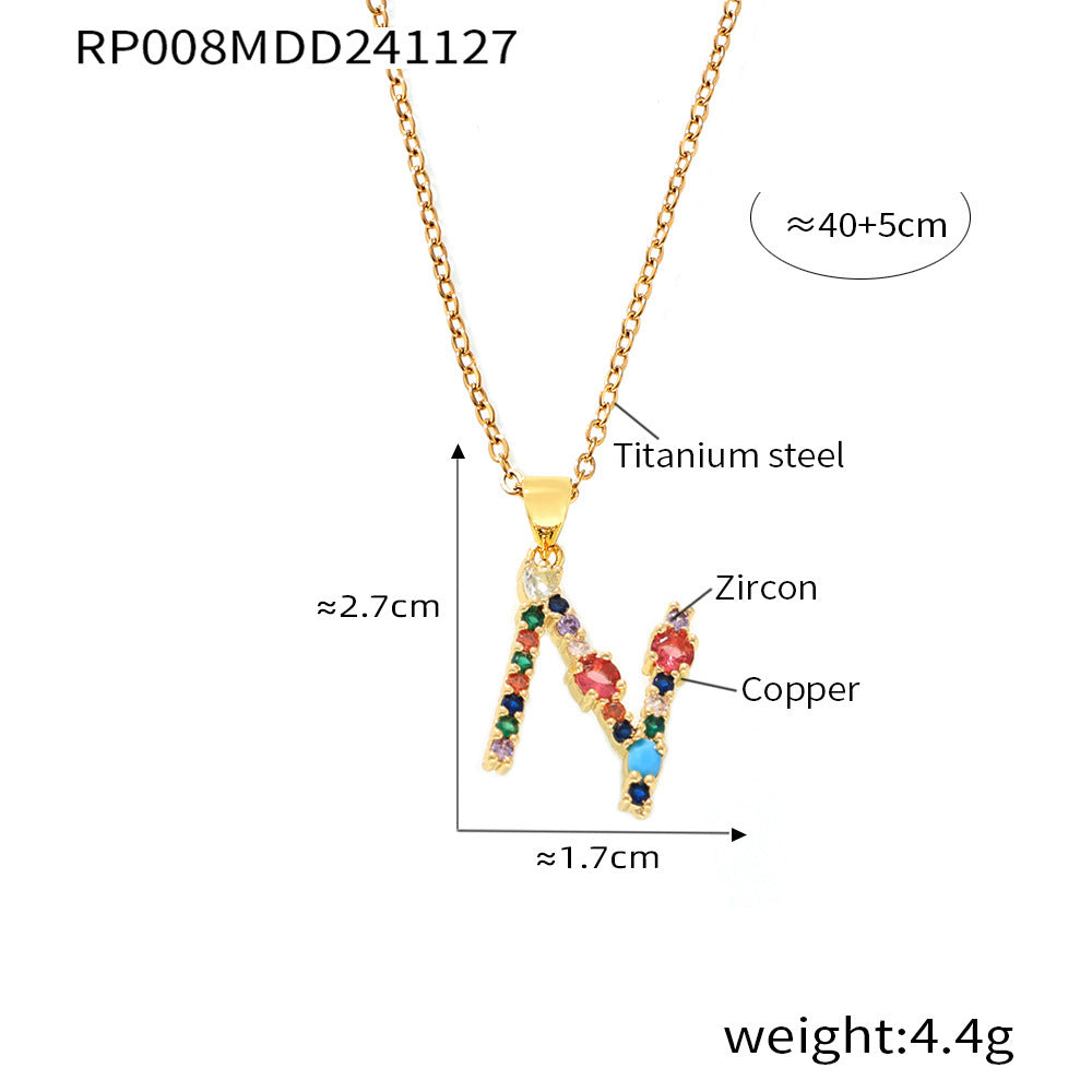 B廠-歐美跨境銅微鑲彩色鋯石26個英文字母個性吊墜小眾嘻哈鎖骨鏈現貨「RP008」24.12-2