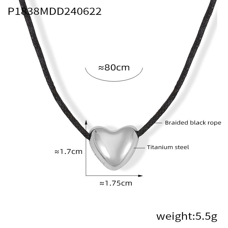 B廠-韓版長款黑繩編織鈦鋼愛心吊墜項鍊小眾復古時尚簡約氣質脖頸鏈女「P1838」24.06-4