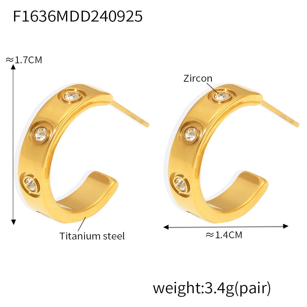 B廠-歐美流行飾品 C形鋯石耳環簡約冷淡風18K鍍金鈦鋼耳飾earring批發「F1636」24.10-1