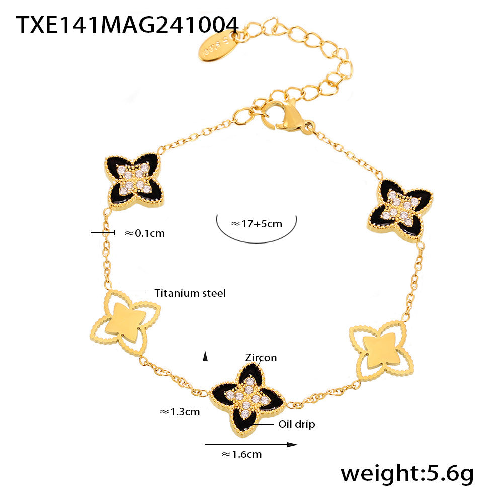 B廠-歐美跨境滴油四葉花鋯石滿鑽手鍊項鍊小眾設計女生款閨蜜鈦鋼套裝「TXP141-TXE141」24.10-2