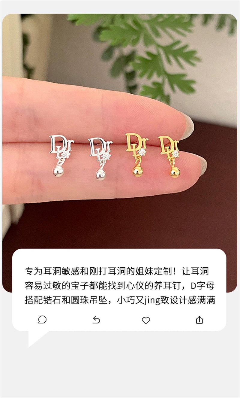 C廠-999純銀字母耳釘女簡約小眾鋯石耳飾輕奢精緻圓珠耳墜新款夏季「EH-2233」23.06-5 - 安蘋飾品批發