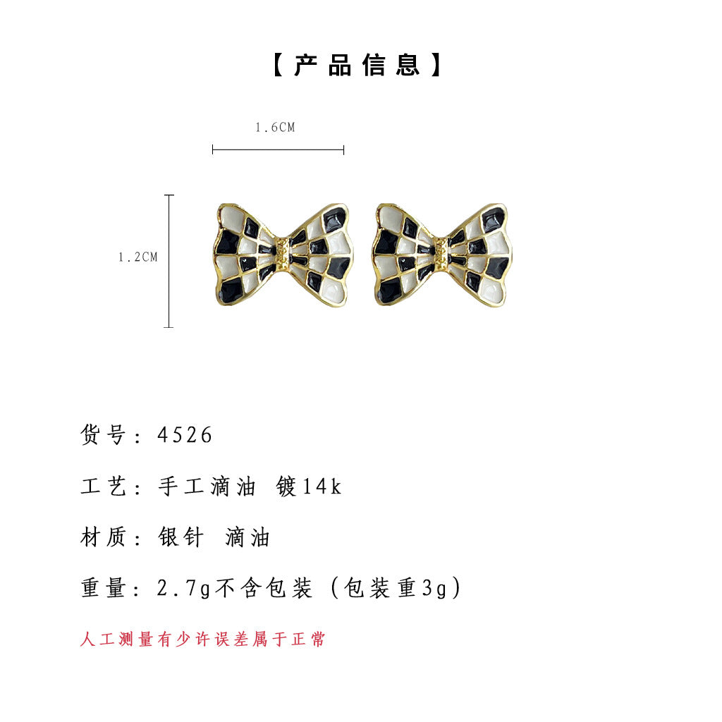 A廠-度假風滴油棋盤格蝴蝶結鍍14K耳環清新甜美簡約工廠貨源耳飾「4526-4527」24.07-4