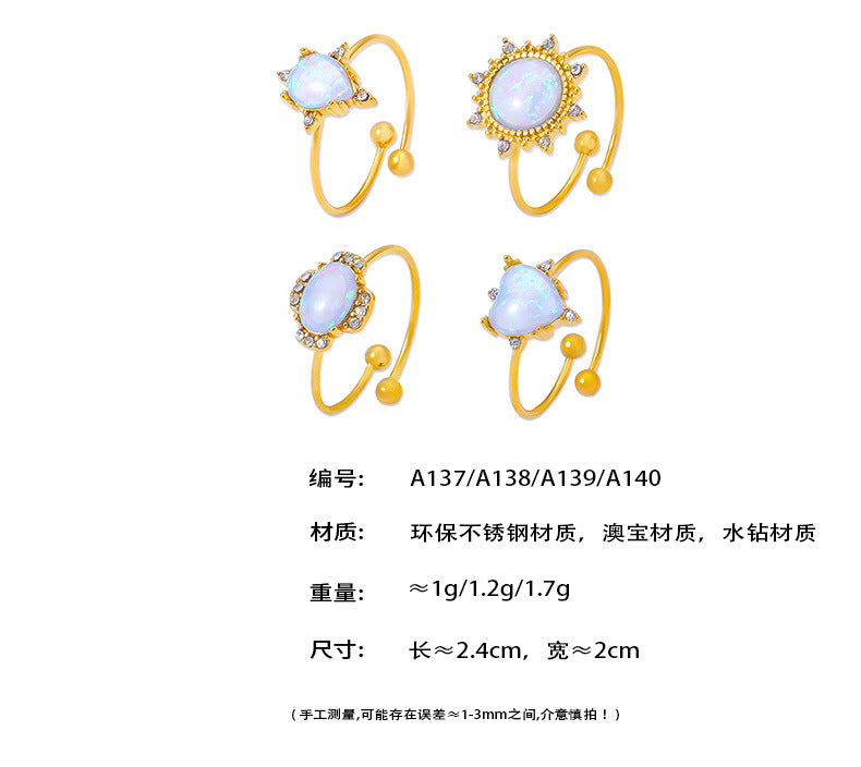 B廠-歐美跨境澳寶石水鑽戒指小眾輕奢開口可調節不鏽鋼鍍18K金飾品女「A137」24.07-3