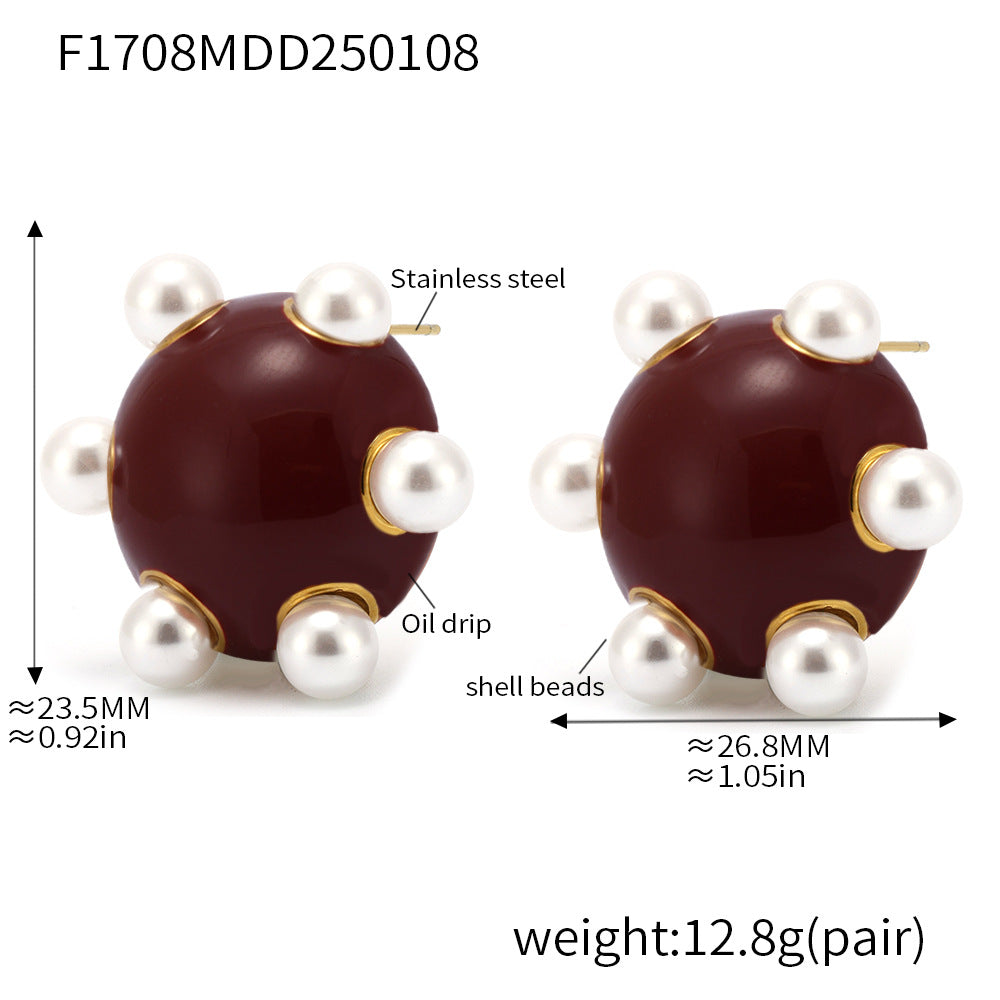 B廠-圓球砝碼彩釉鑲嵌貝珠耳釘耳飾氣質奢華配飾高質量首飾批發「F1708」25.01-3