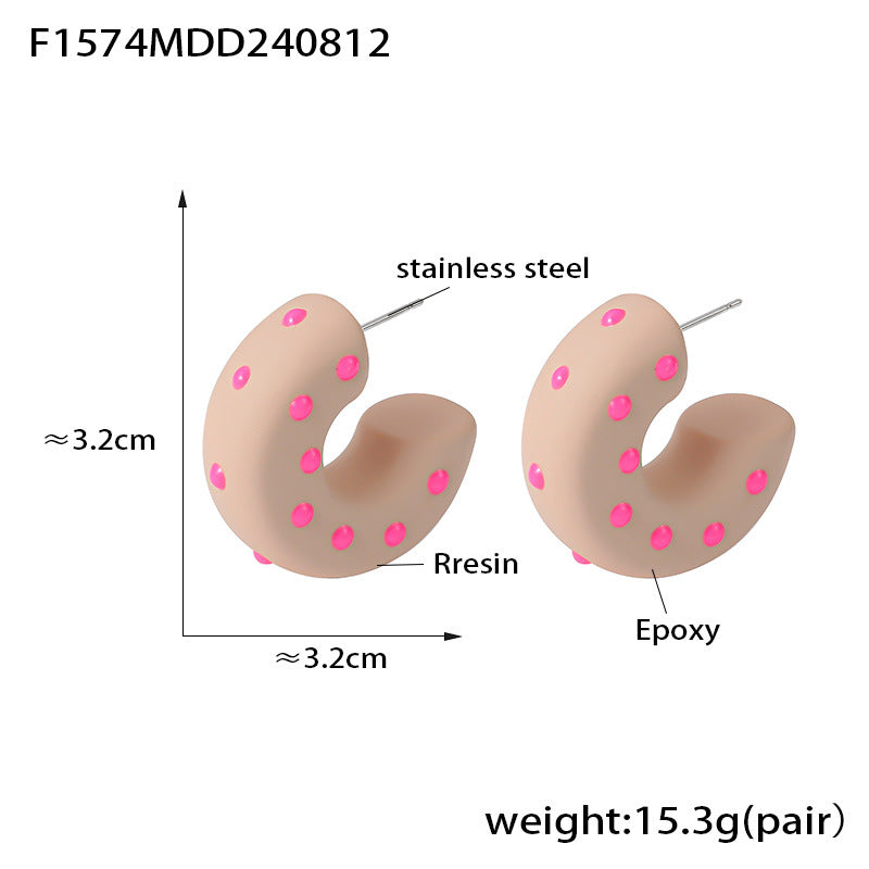 B廠-歐美ins風環保樹脂滴膠斑點C形耳飾潮流田園風不鏽鋼耳環飾品批發「F1574」24.08-5