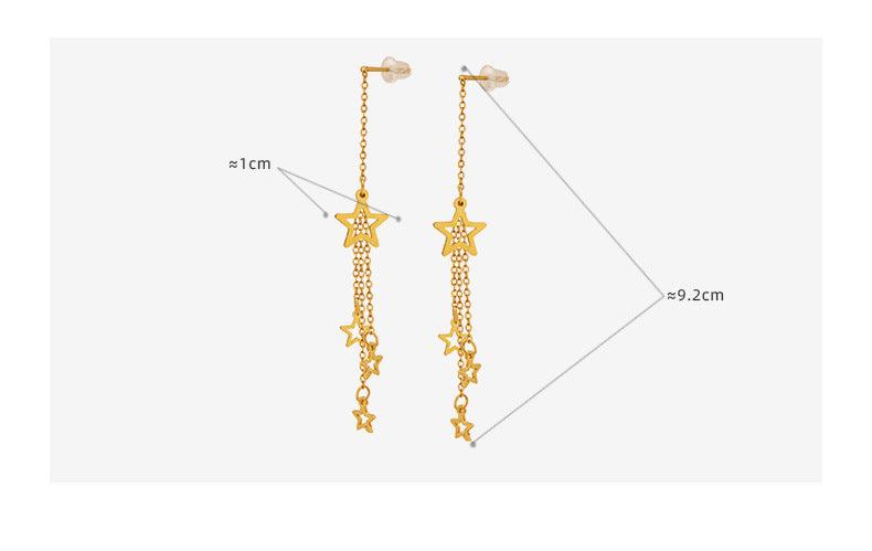 B廠-日韓風星星耳墜長款流蘇耳飾滿天星耳線鈦鋼鍍18K金潮流耳環 「F341」23.02-4 - 安蘋飾品批發