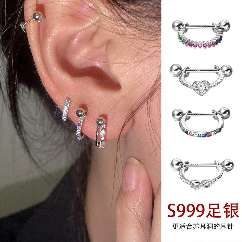 C廠-999銀針養耳洞多彩鋯石愛心耳環精緻設計氣質女生韓版高級感耳飾