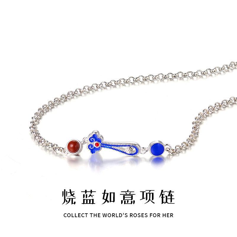 D廠-S999足銀燒藍如意鏈吉祥如意吊墜鎖骨鏈設計復古簡約飾品女 